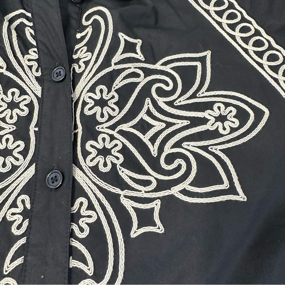 Elegant Button Down Black and Cream Embroidered Long Puff Sleeve Mini Dress - Picture 9 of 16